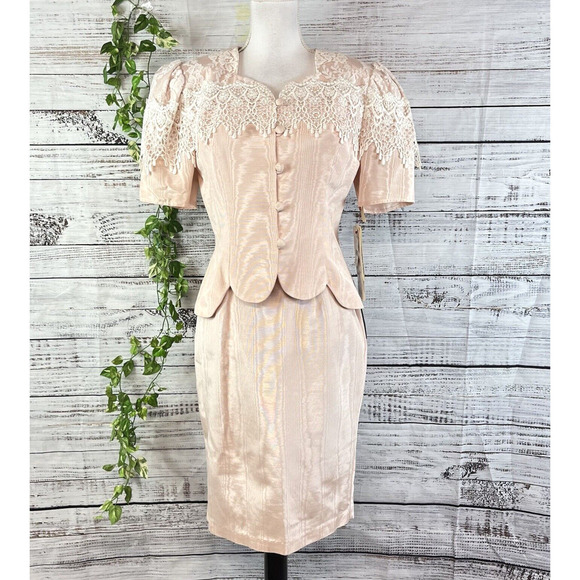 Vintage Scott McClintock Skirt Suit size 8 Pink Taffeta Lace 80's Wedding Prom - Picture 1 of 16
